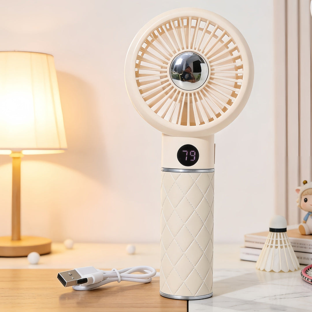 Digital håndvifte, viser romtemperatur. USB-drevet, lett å ta med seg. Juster hastigheten etter behov.