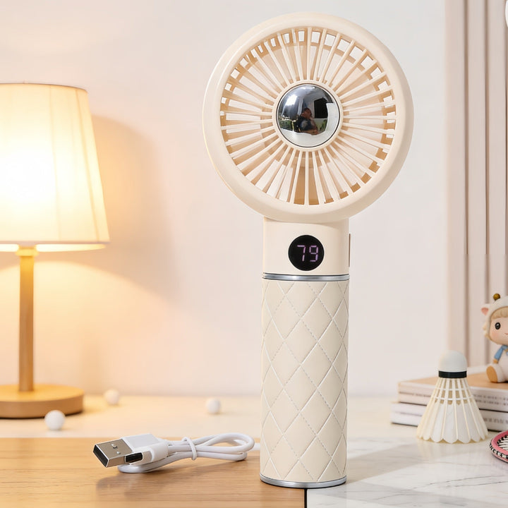 Digital håndvifte, viser romtemperatur. USB-drevet, lett å ta med seg. Juster hastigheten etter behov.