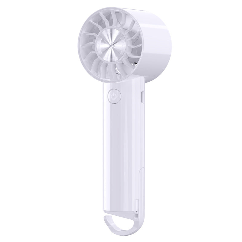 Bærbar reisevifte for dame, gir umiddelbar kjøling. Håndholdt sommer gadget med hvit base.