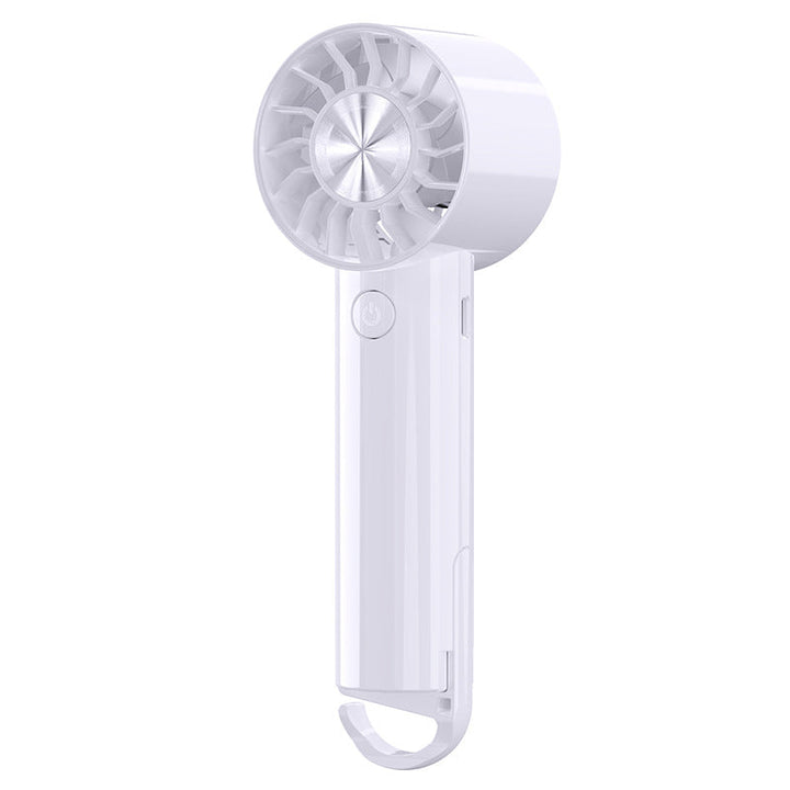 Bærbar reisevifte for dame, gir umiddelbar kjøling. Håndholdt sommer gadget med hvit base.