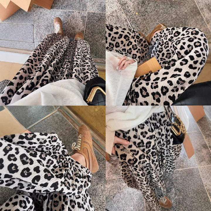 Komfortabelt fritidsskjørt for kvinner; leopardmønstret maxiskjørt med bredt snitt og elastisk midje.