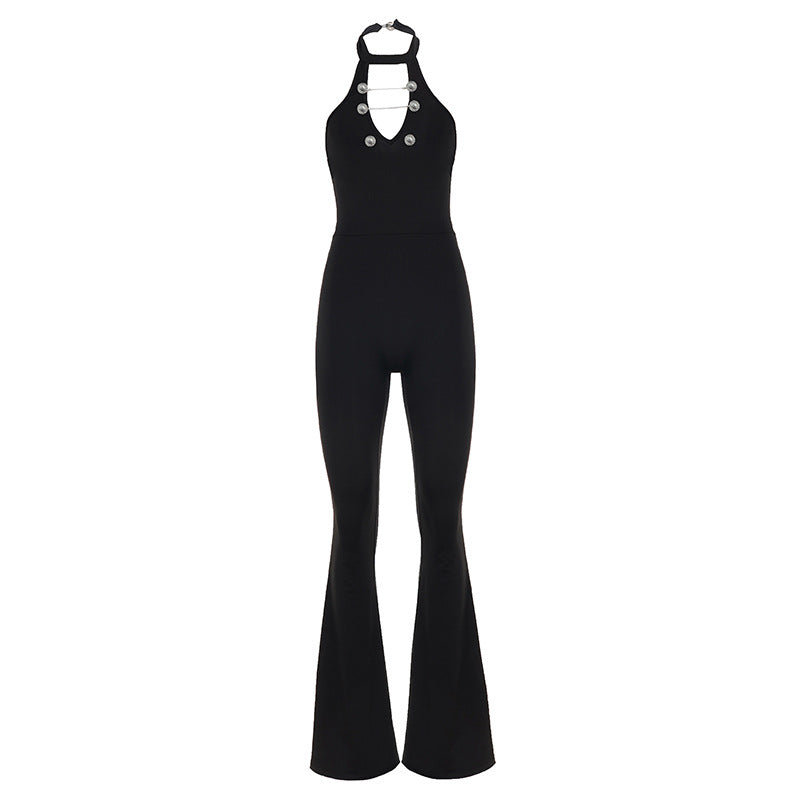 Ryggvisning av elegant svart dame jumpsuit med glatt stoff og smigrende snitt, perfekt for formelle kveldsarrangementer.