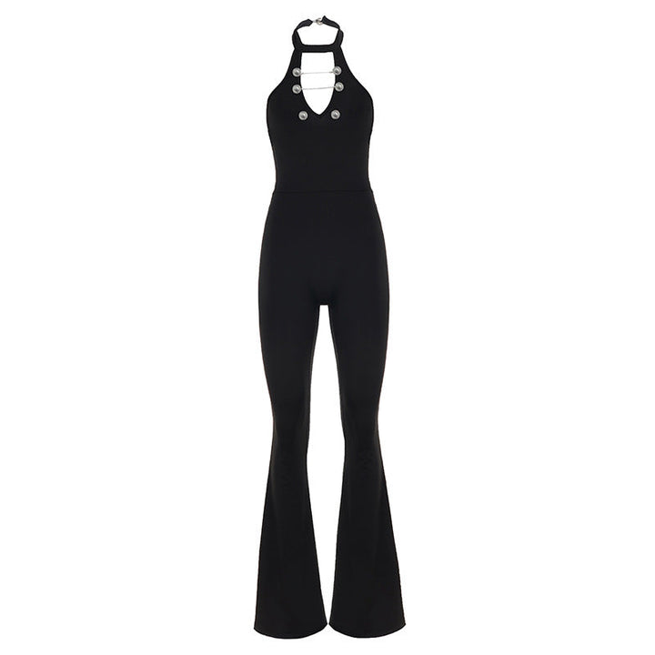 Ryggvisning av elegant svart dame jumpsuit med glatt stoff og smigrende snitt, perfekt for formelle kveldsarrangementer.