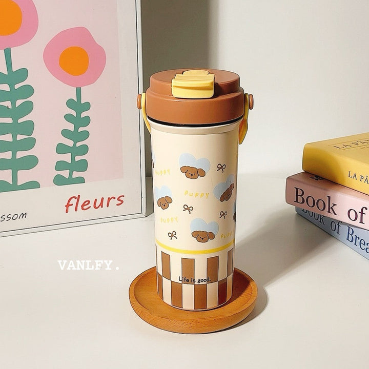 Gjenbrukbar isolert stålflaske for kvinner, 650ml, med hundemotiv. Ideell kaffekopp og tekopp.