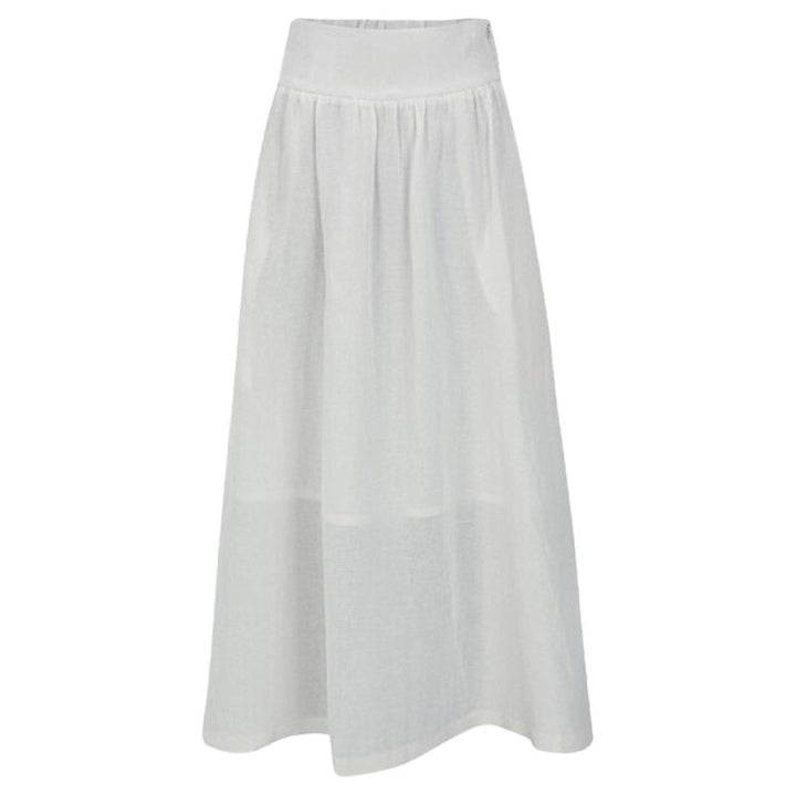 Dame midiskjørt med komfortabel elastisk linning. Flytende A-linje passform i myk bomull/lin for sommer/vår.