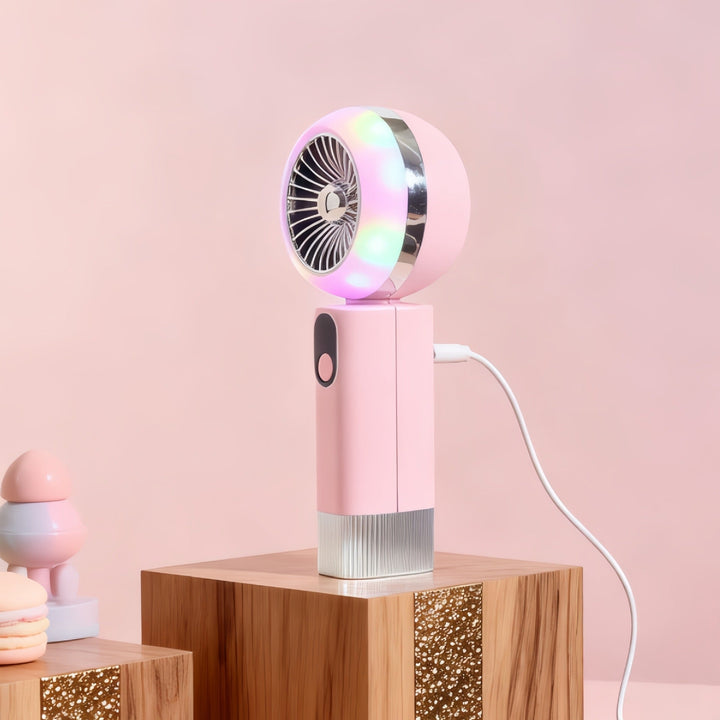 Bærbar håndvifte for kvinner med LED-skjerm, trinnløs hastighet og USB-lading. Perfekt for sommer.