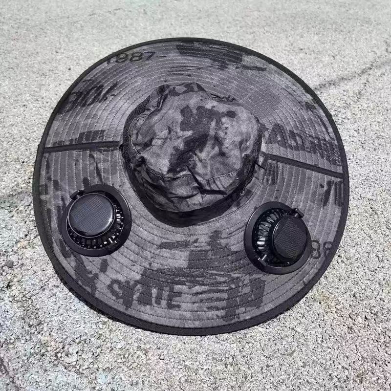 Unisex ventilert fiskehatt med vifte for kjølende solbeskyttelse. Ideell for utendørsaktiviteter.