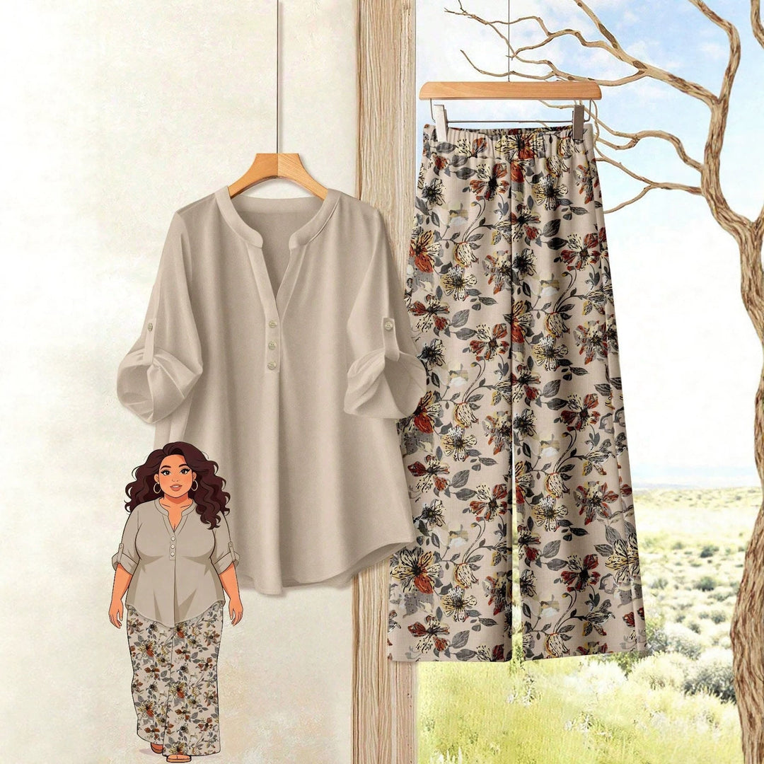 Dame fritidssett med aprikos henley-overdel og komfortabel blomsterbukse for en avslappet sommerstil.