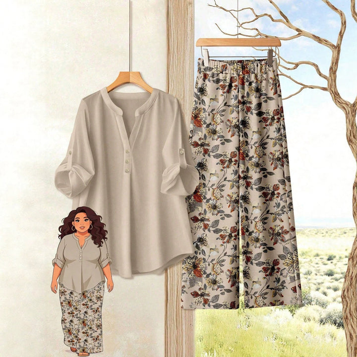 Dame fritidssett med aprikos henley-overdel og komfortabel blomsterbukse for en avslappet sommerstil.