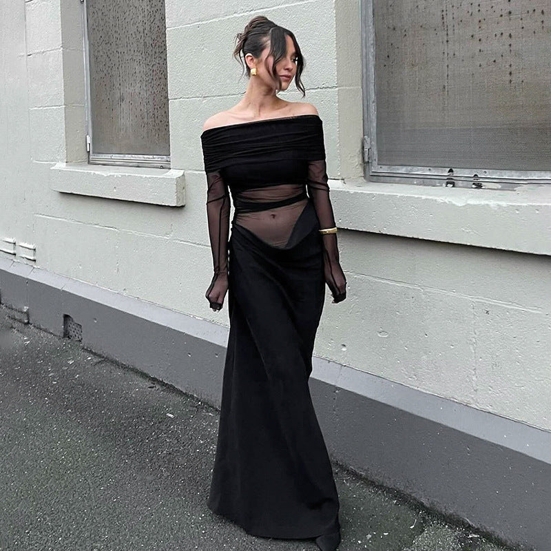 Eksklusiv dame maxikjole, skulderfri festkjole. Elegant lang aftenkjole for spesielle anledninger.