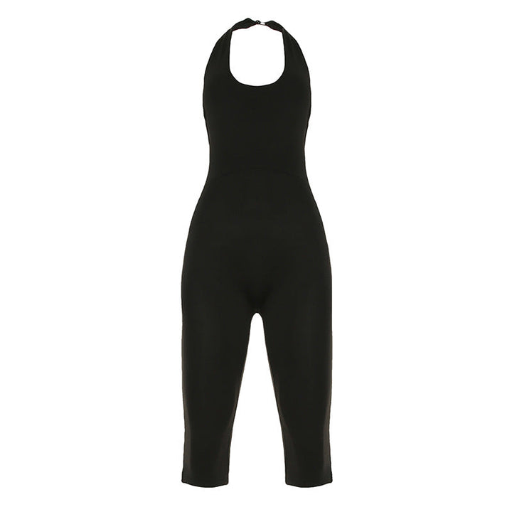 Chic, kroppsnær svart jumpsuit for kvinner med unik elegant ryggutskjæring. Ideell for fest og sommerkvelder.