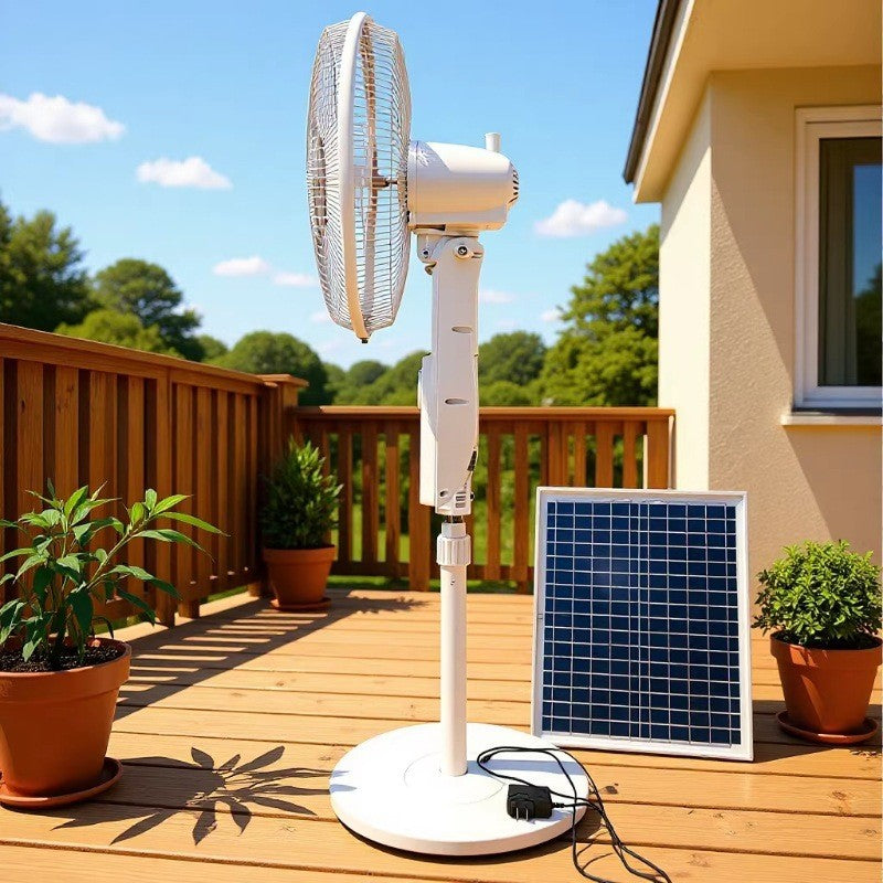 Hvit smart solardrevet ståvifte med fjernkontroll for energieffektiv kjøling i hjemmet.