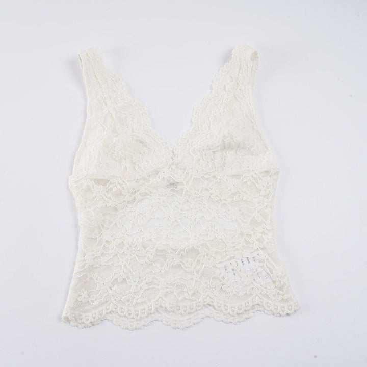 Stilren spaghettitopp med dyp V-hals og blonder, en perfekt elegant topp for damer.