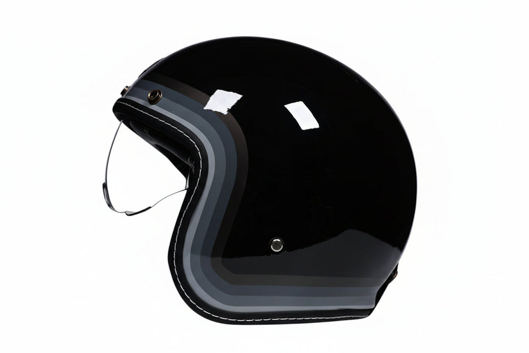 Svart retro åpen motorsykkelhjelm, DOT ECE-sertifisert, med visir for optimal sikt og sikkerhet.