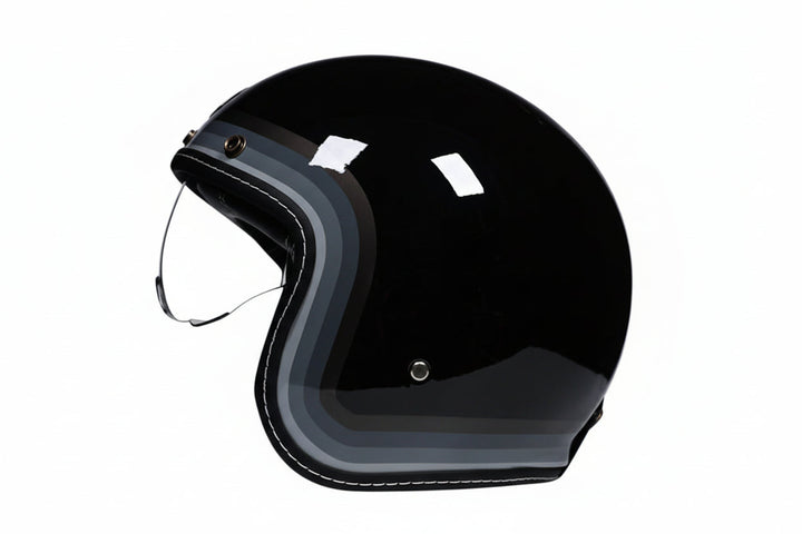 Svart retro åpen motorsykkelhjelm, DOT ECE-sertifisert, med visir for optimal sikt og sikkerhet.