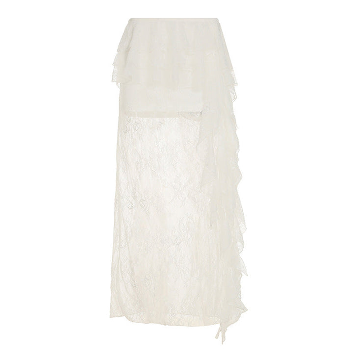Trendy hvitt rysjeskjørt til kvinner, knelangt med voluminøse detaljer, perfekt for elegant vår-look.