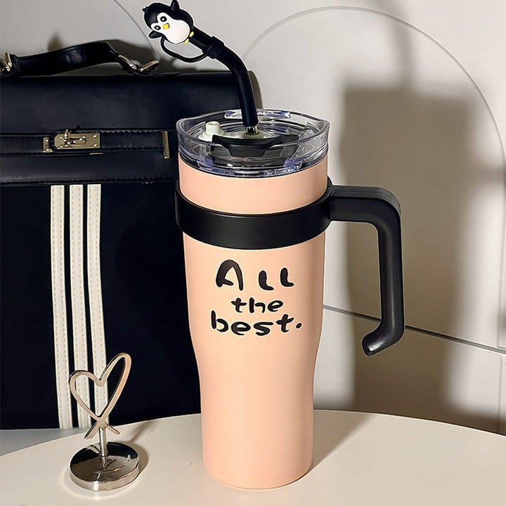 Elegant dame termoskopp 1200ml med sugerør og ergonomisk håndtak, ideell for daglig hydrering.