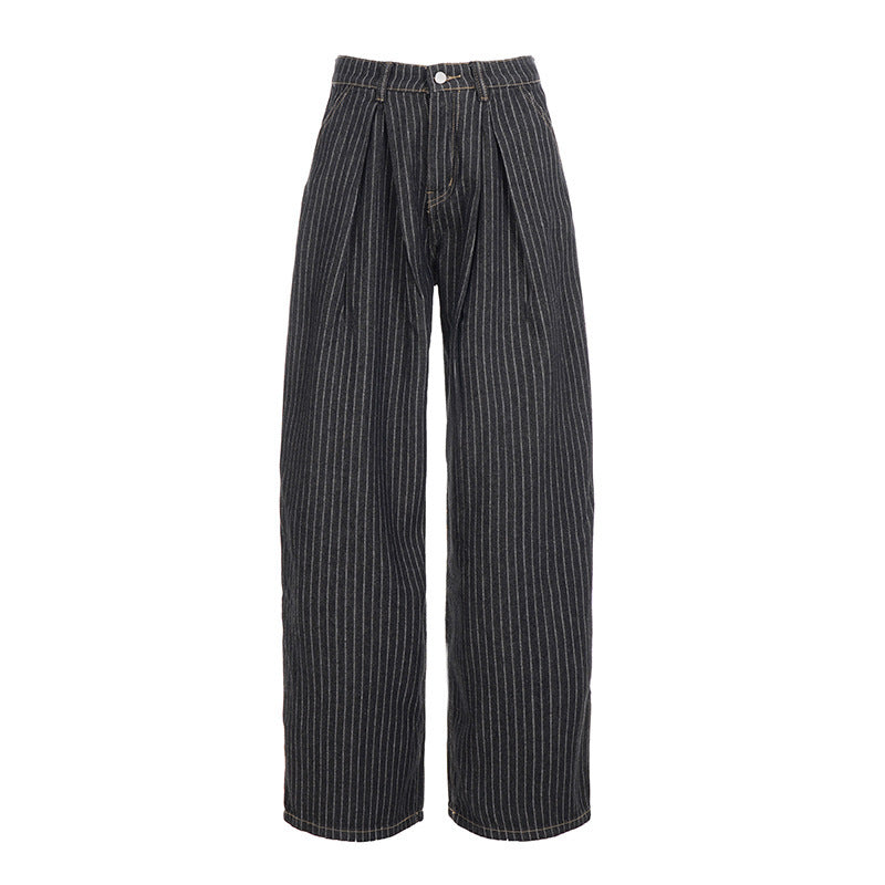 Svarte stripete damejeans med høyt liv og vide ben, en perfekt kombinasjon av stil og komfort for kvinner.