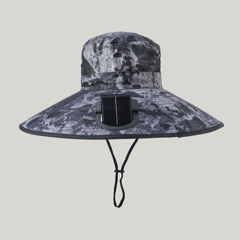 Svart solhatt med vifte, perfekt for UV-beskyttelse under camping og fotturer.