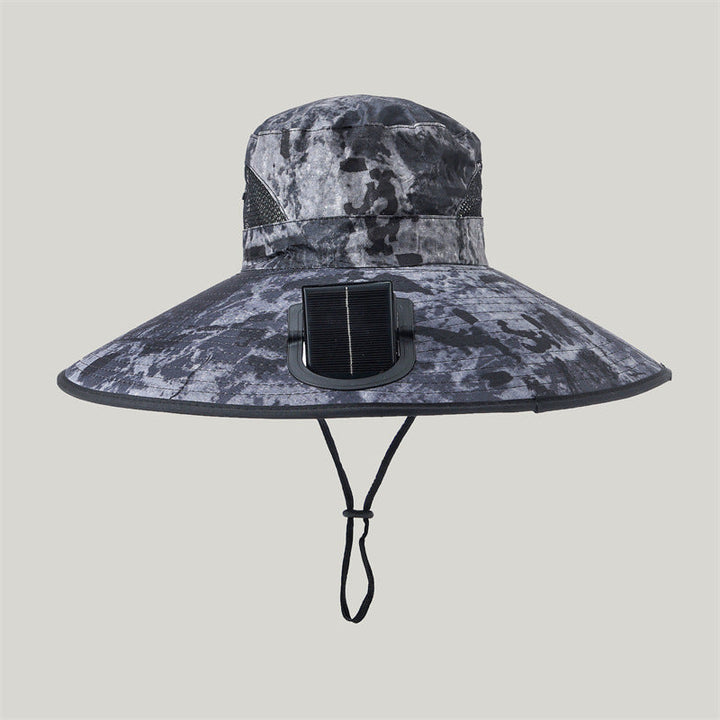 Svart solhatt med vifte, perfekt for UV-beskyttelse under camping og fotturer.