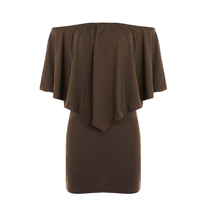 Trendy brun damekjole, off-shoulder minikjole. Voluminøs og elegant, ideell for fest og sommerlig mote.