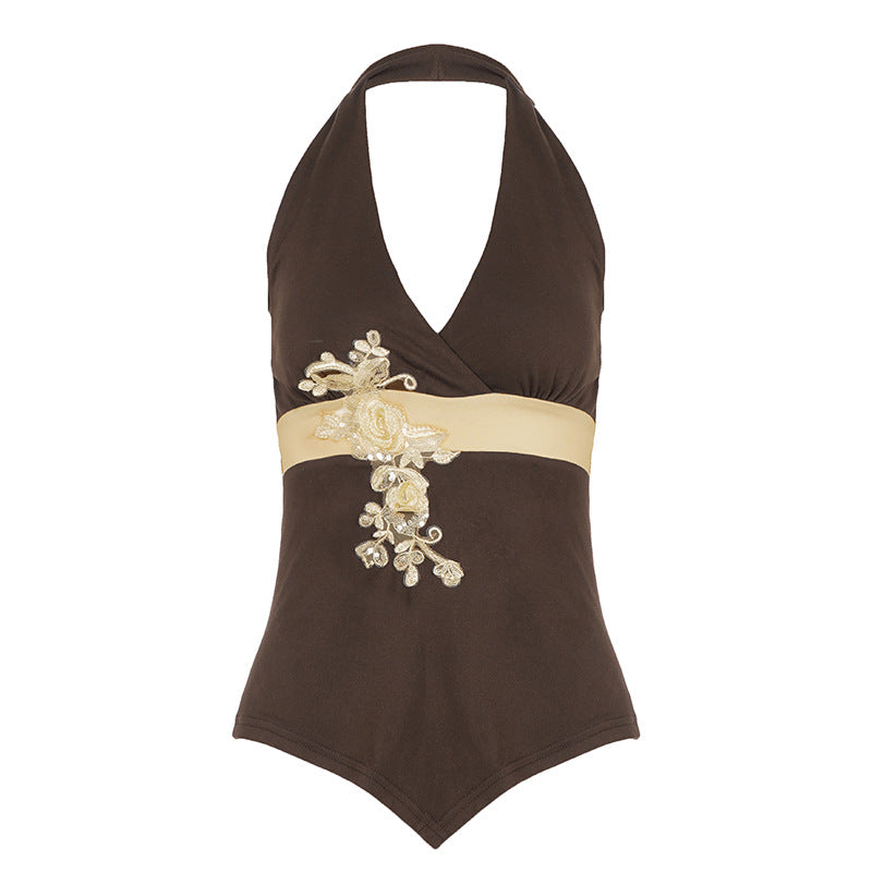 Damer Elegant Halter-badedrakt med Luksuriøse Broderier