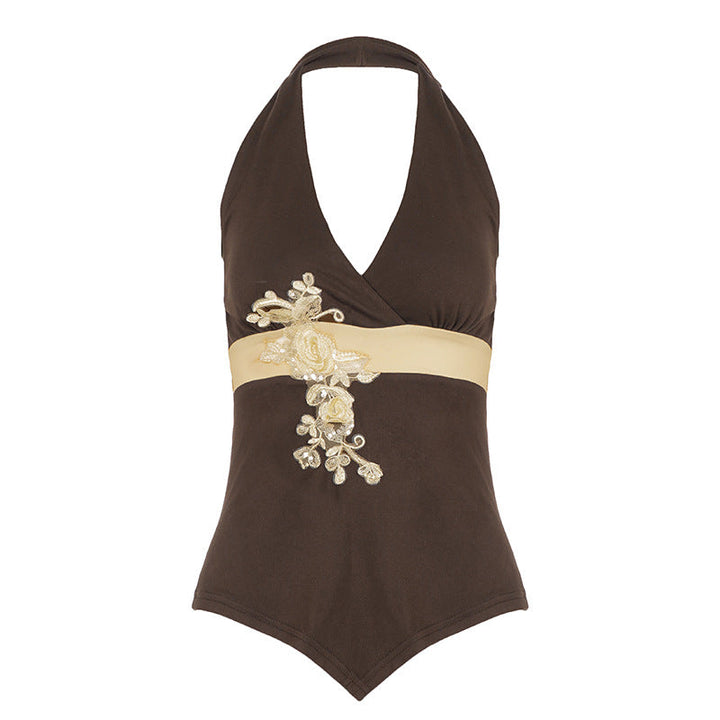 Damer Elegant Halter-badedrakt med Luksuriøse Broderier