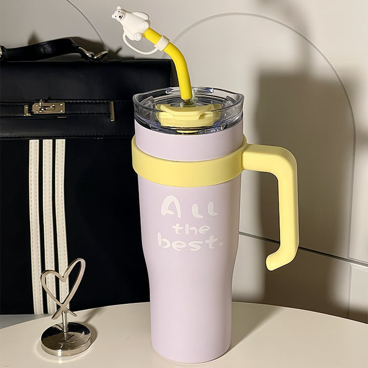 Stor 1200 ml reisekopp/termosflaske for kvinner med sugerør og håndtak, tilgjengelig i rosa & lilla.