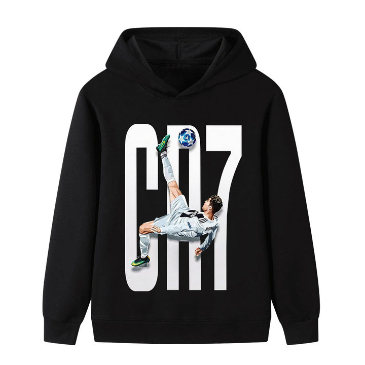 Barns Ronaldo hoodie i mykt stoff, flott fotballgave til gutt og jente. Komfortabel fritidsgenser.