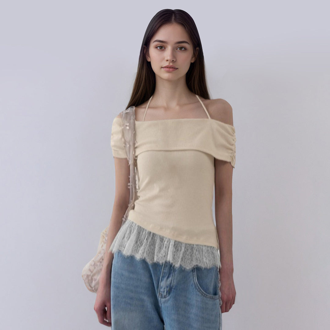 Elegant dame festtopp, off-shoulder design med volanger. Komfortabel sommerbluse.