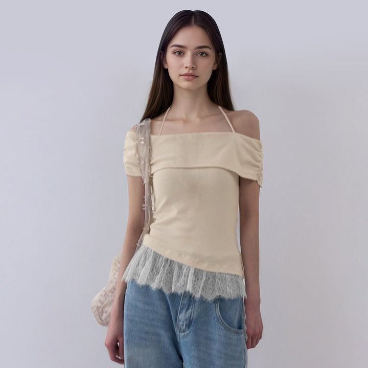 Elegant dame festtopp, off-shoulder design med volanger. Komfortabel sommerbluse.