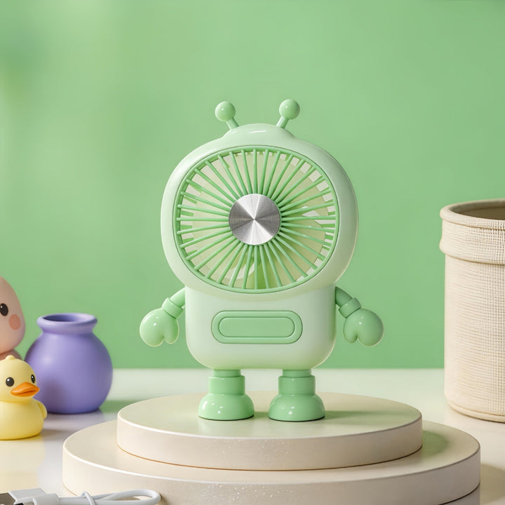 Kompakt blå bærbar mini-vifte med robotdesign, perfekt for rask og personlig kjøling.