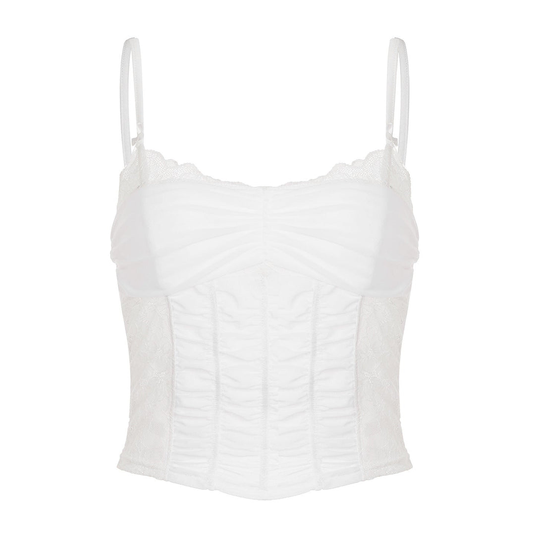 Elegant hvit dame spisskorsett topp med snøring. Figurskapende festtopp, perfekt for sommer mote.