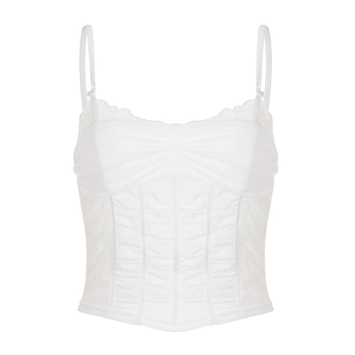 Elegant hvit dame spisskorsett topp med snøring. Figurskapende festtopp, perfekt for sommer mote.