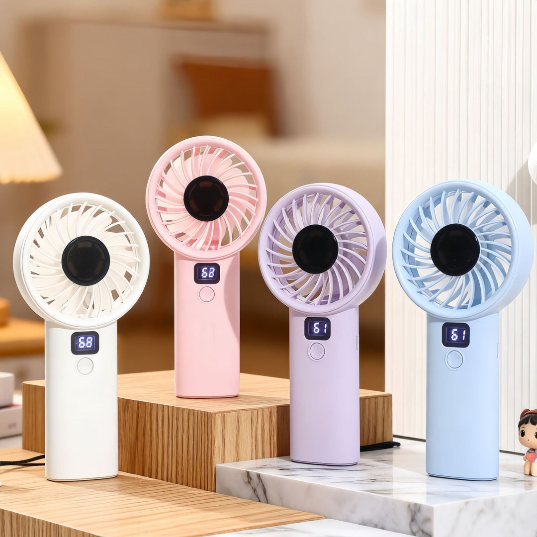 Elegant minivifte med digital skjerm, ideell for kontoret eller reise. Effektiv personlig kjøling.