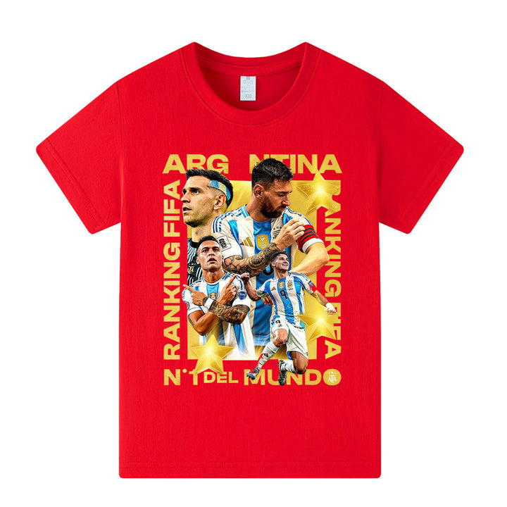 Komfortabel Messi t-skjorte i polyester for barn, optimal for trening og skole.