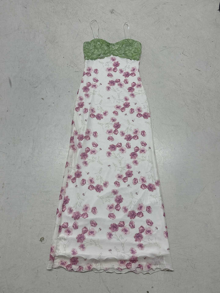 Elegant festkjole/kveldkjole, en blomstret maxikjole med tynne justerbare stropper for damer.