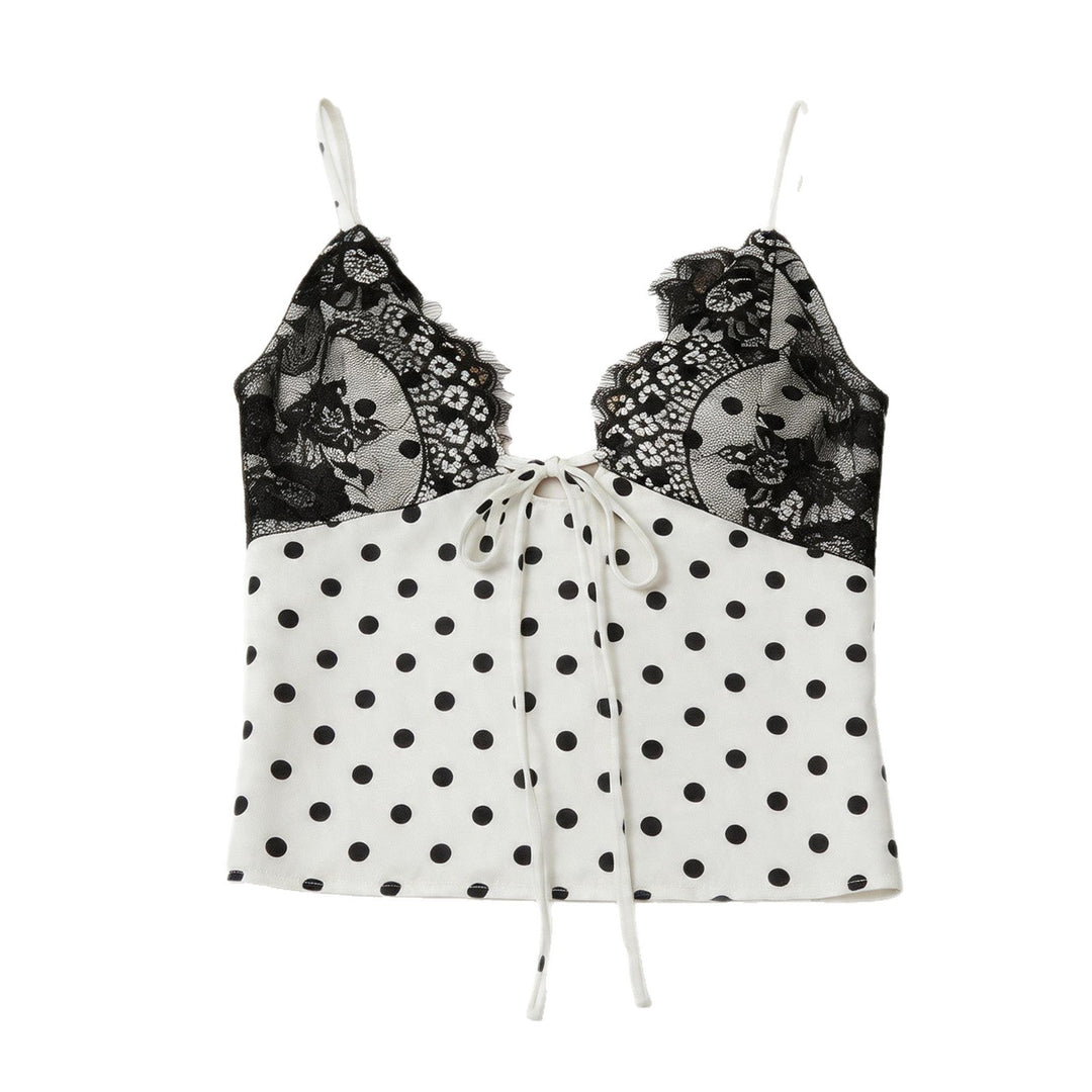 Svart elegant spaghettistroppetopp med V-hals og utsmykket blonde for en chic look.