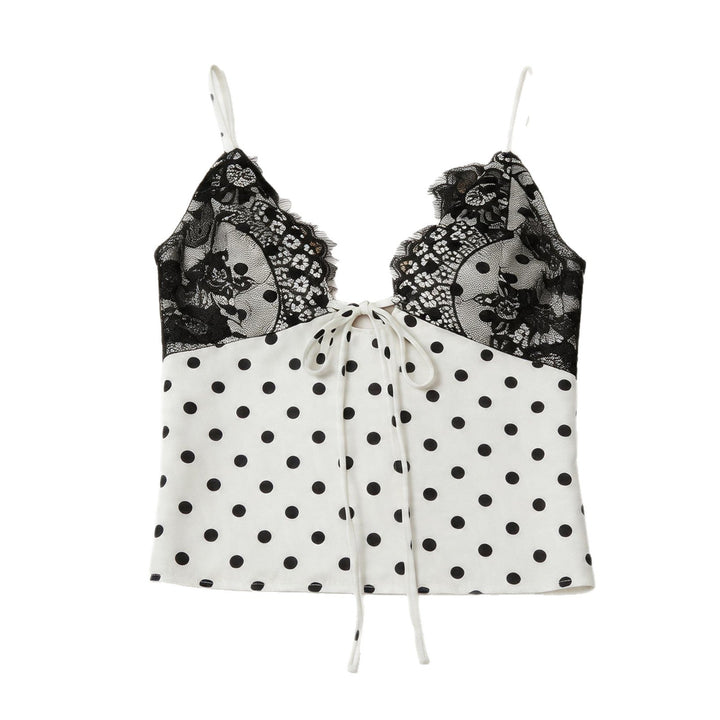 Svart elegant spaghettistroppetopp med V-hals og utsmykket blonde for en chic look.
