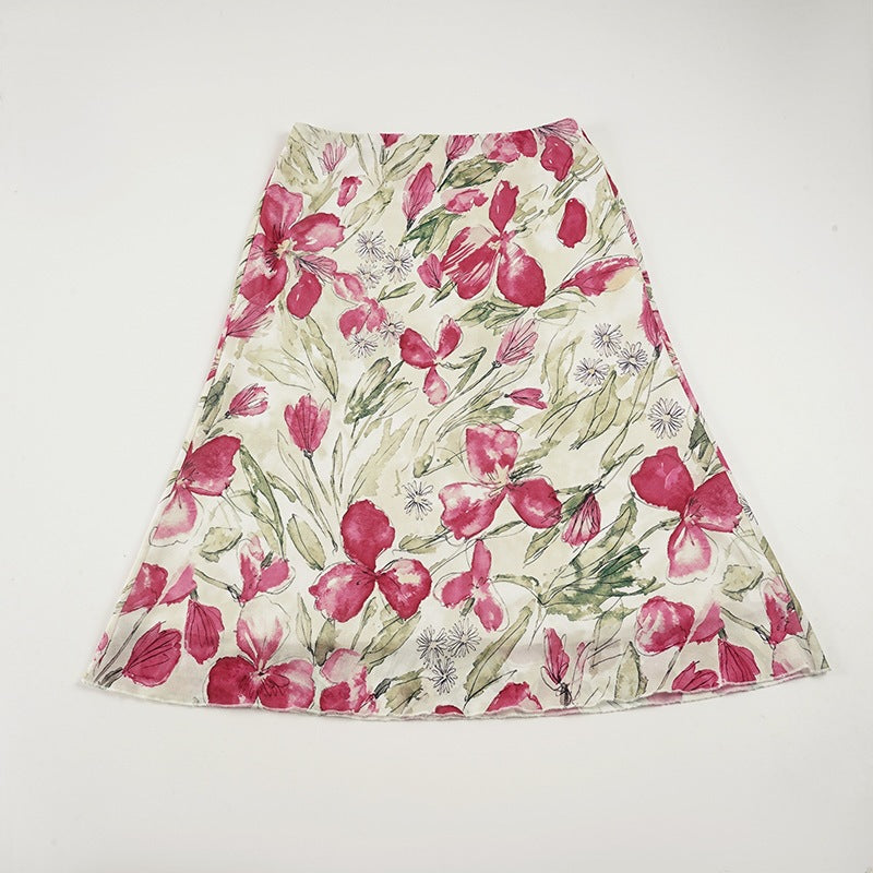 Dame elegant blomsterskjørt, svingende midiskjørt med unikt blomsterdesign for en sofistikert look.