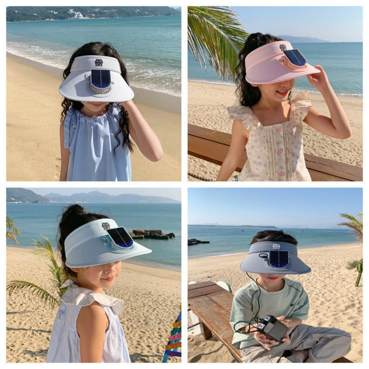 Solhatt for barn med vifte & LED-lys, perfekt for strand & sommerlig utendørsaktivitet.