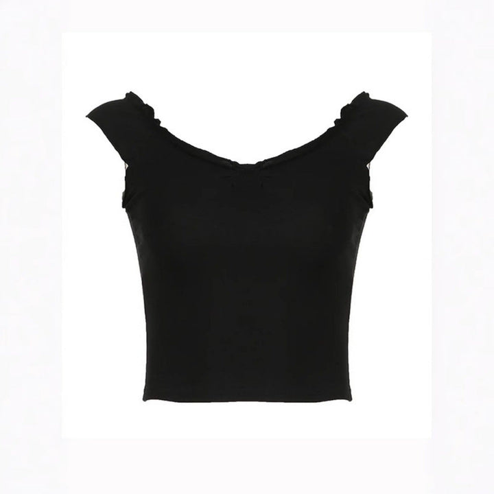 Svart elegant skulderløs dametopp med volang. Perfekt for en chic og komfortabel look i sommermote.