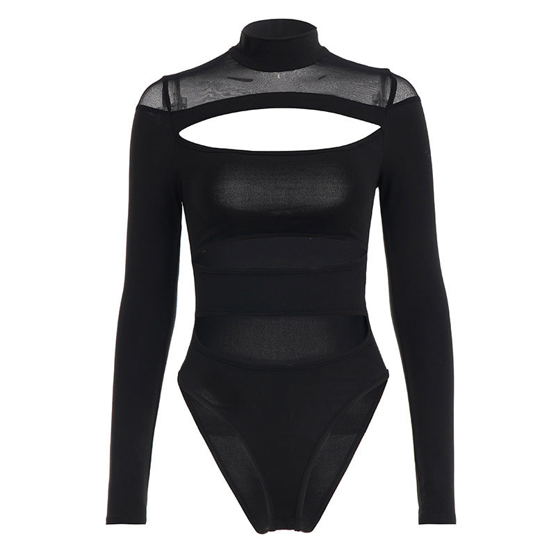 Langermet damebodysuit med unikt cutout-mønster og stilig ståkrage, en feminin favoritt.