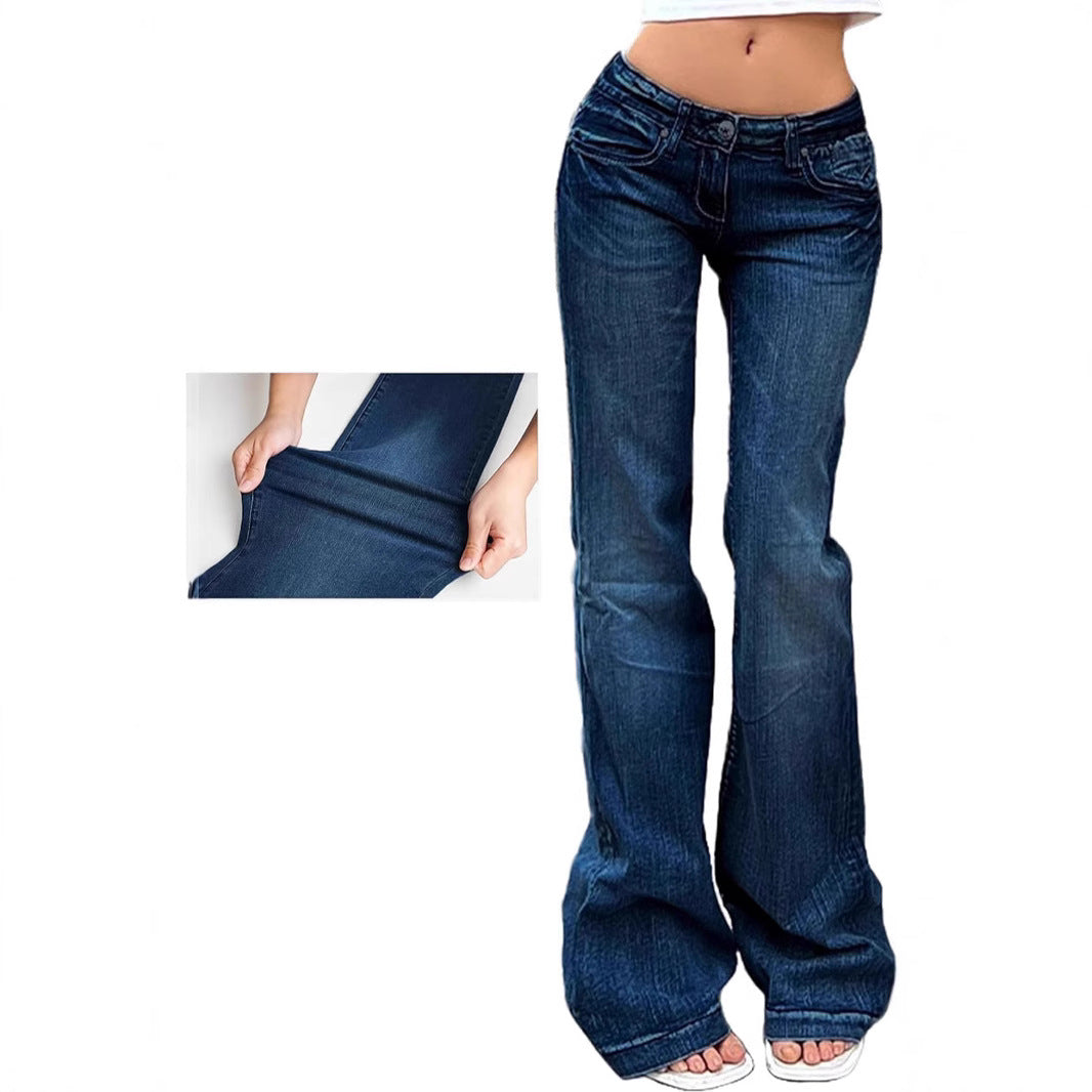 Damer bootcut jeans med høyt liv i klassisk blå; fleksibel passform for komfortabel hverdagsbruk. Stilfull damejeans.