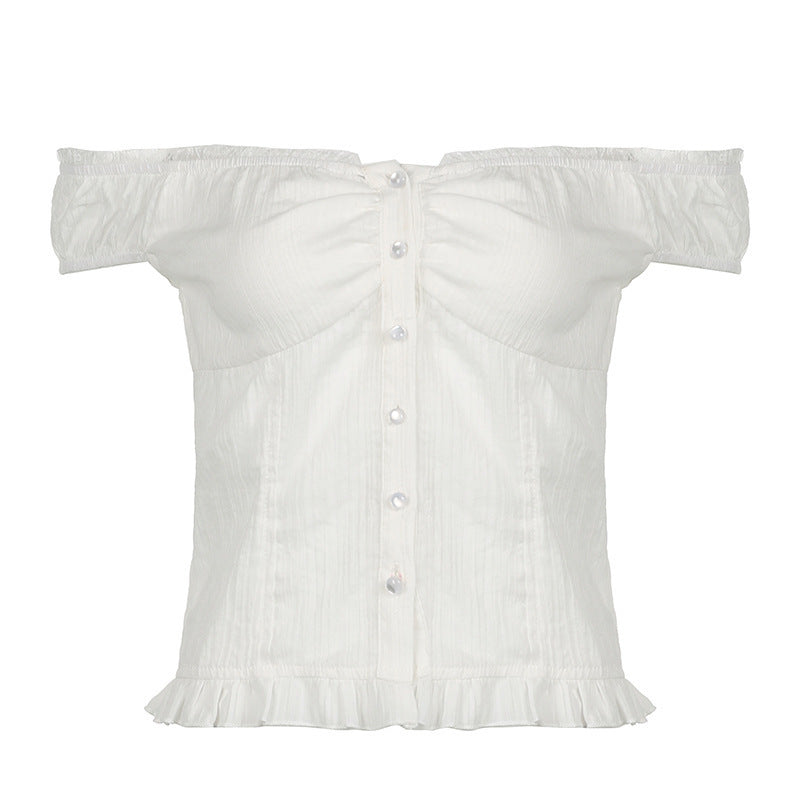 Klassisk hvit off-shoulder bluse med chic volangkant. En komfortabel og elegant topp, ideell som sommerbluse.