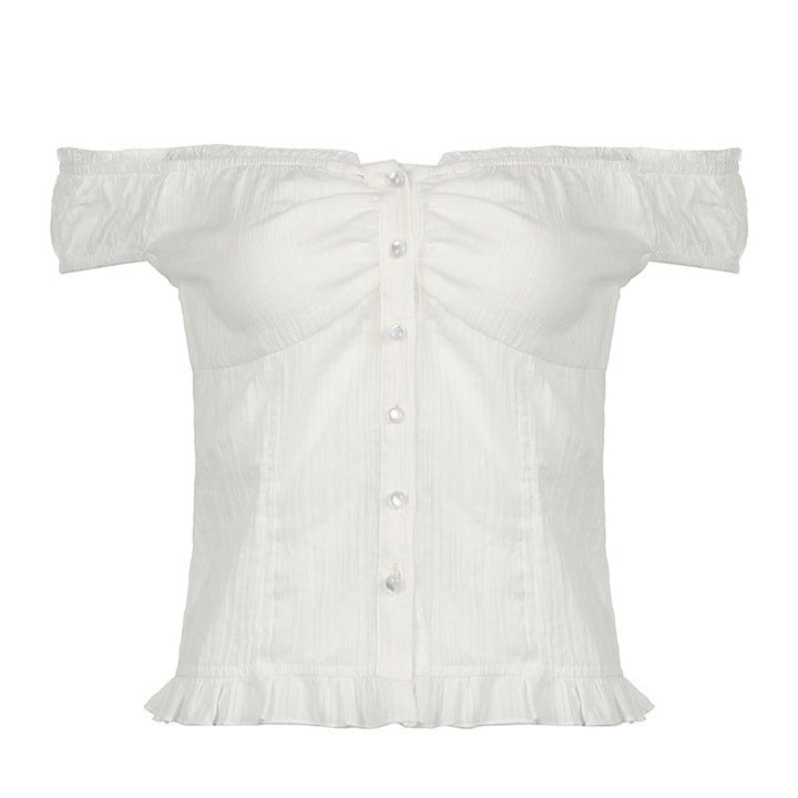 Klassisk hvit off-shoulder bluse med chic volangkant. En komfortabel og elegant topp, ideell som sommerbluse.