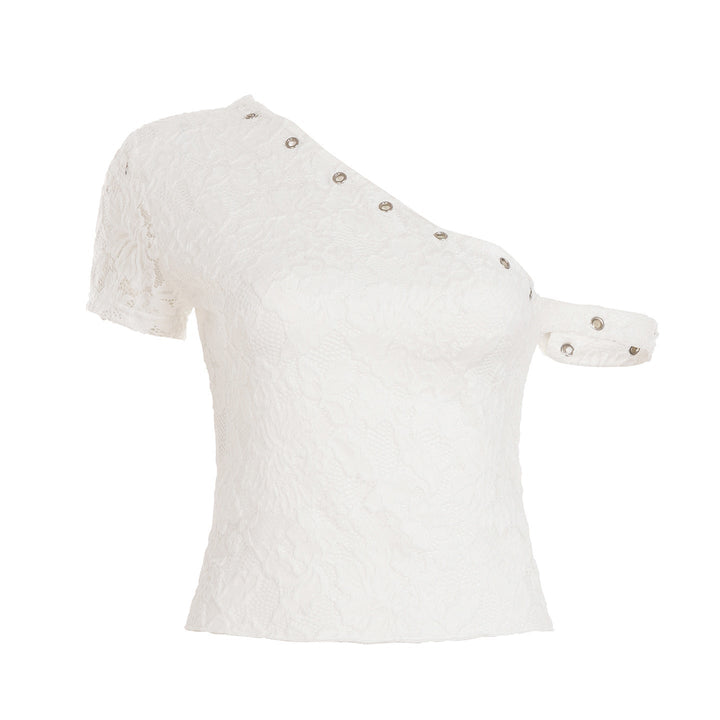 Mønstret hvit sommer topp for kvinner, med elegante korte ermer og unikt design. Ideell som festtopp.