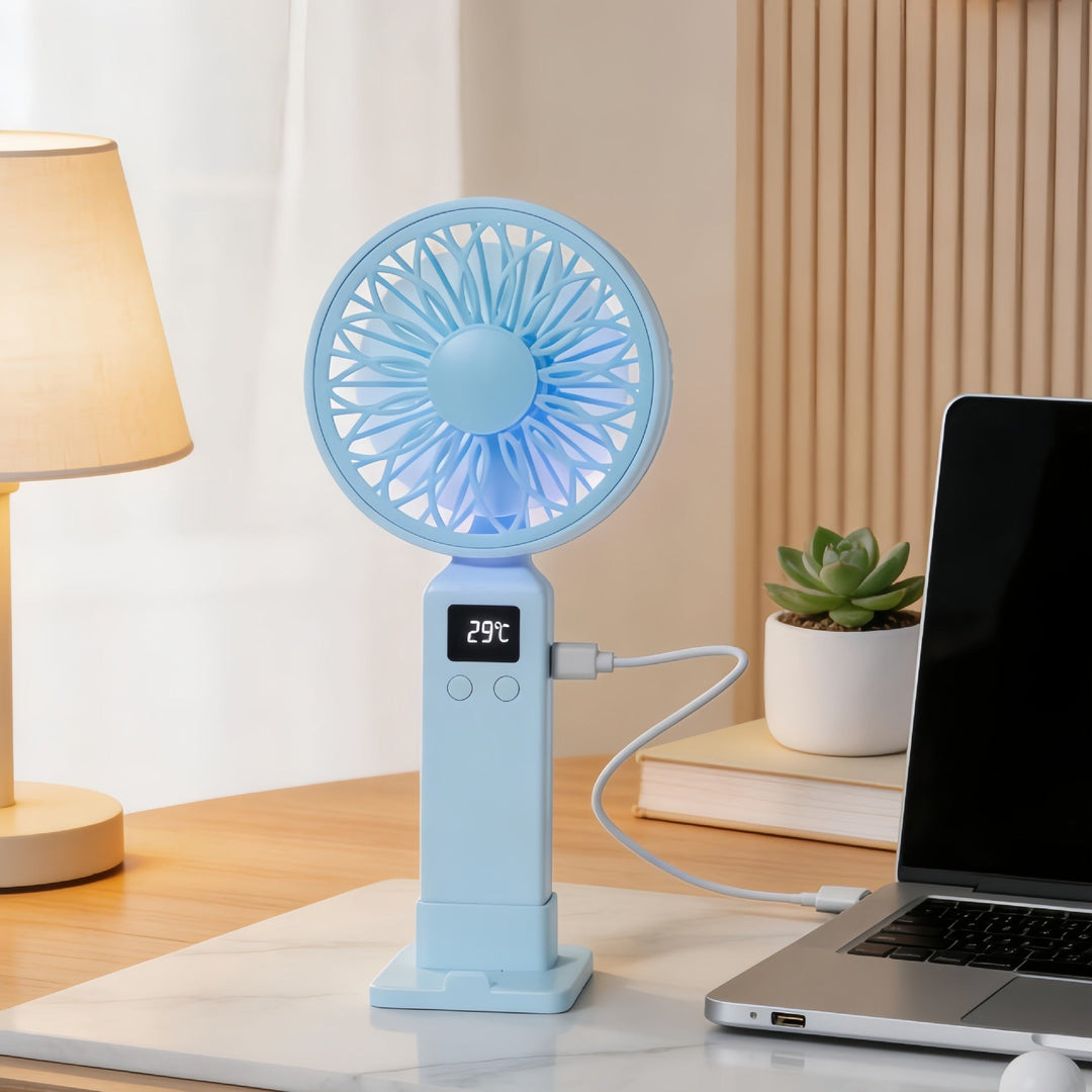 Ergonomisk håndholdt USB-vifte for kvinner, med tydelig digital skjerm. Perfekt personlig gadget for sommer.