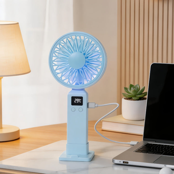 Ergonomisk håndholdt USB-vifte for kvinner, med tydelig digital skjerm. Perfekt personlig gadget for sommer.