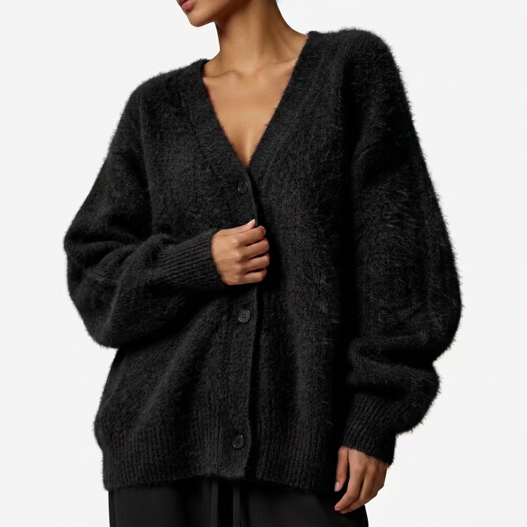 Feminin v-hals cardigan for dame i mykt stoff. Ideell for hverdagsmote og koseplagg.